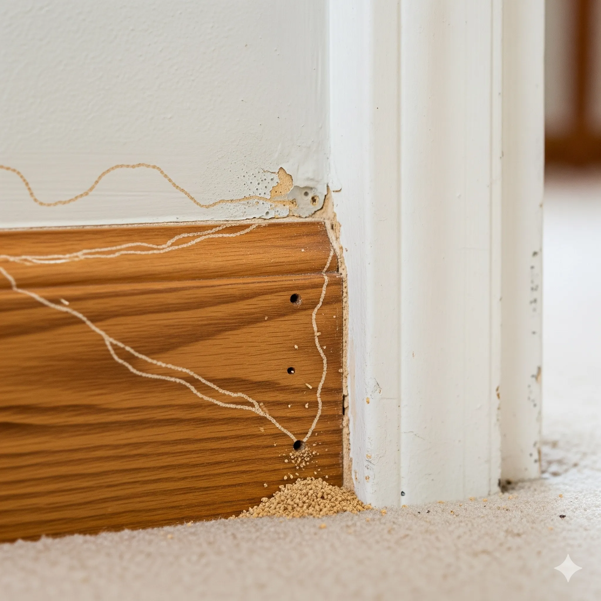 Close-up of wood damage caused by termites, showing tunnels and hollowed-out sections.