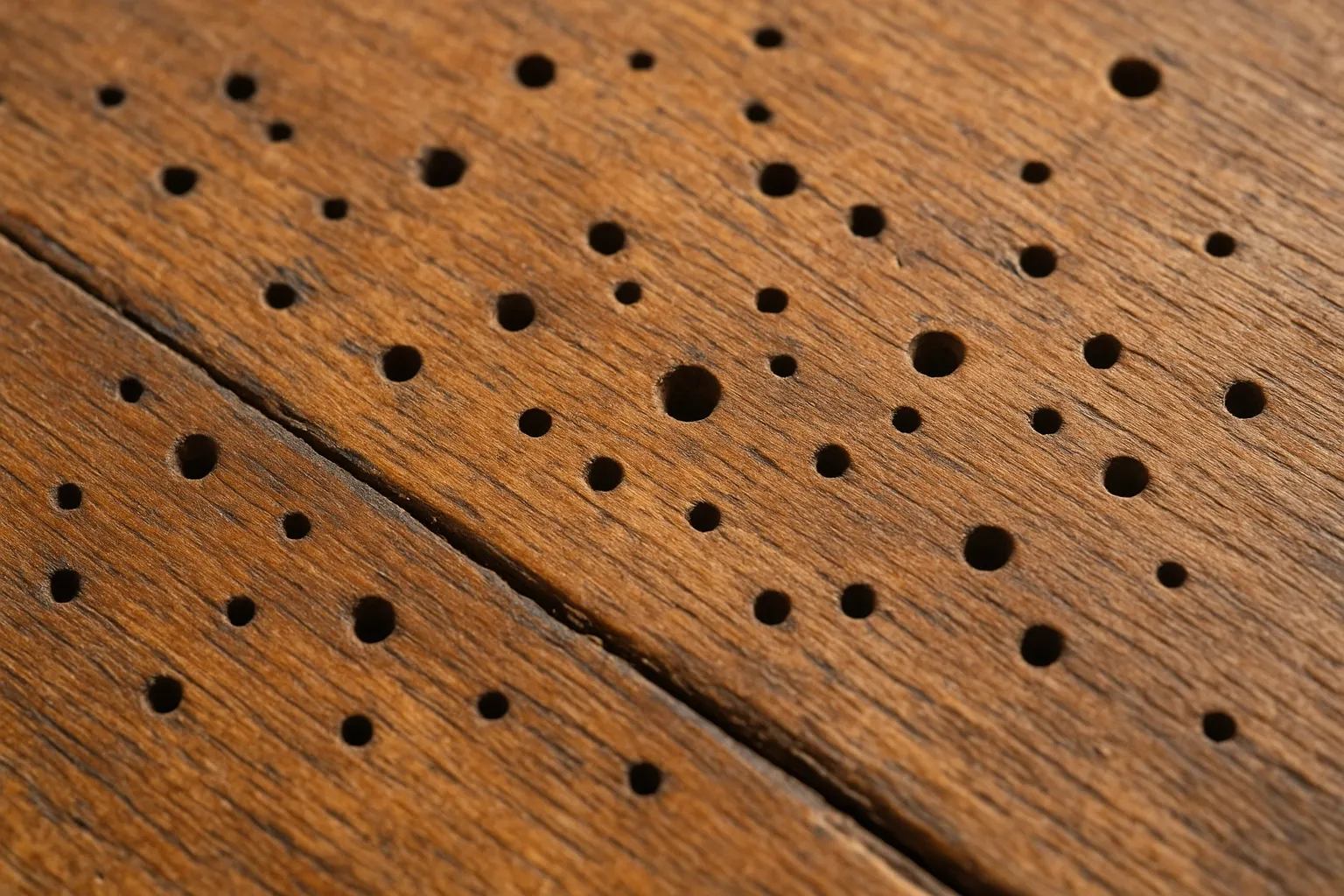 Close-up of borer exit holes in a timber floorboard in a Sydney home